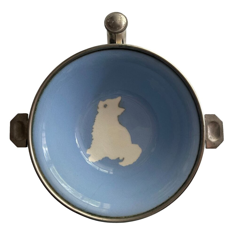 Vintage G.W. Co. Blue "CAT" Porcelain Baby Food Warming Dish / Bowl